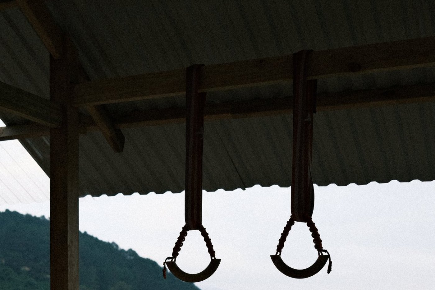 Gymnastic rings with jungle valley view